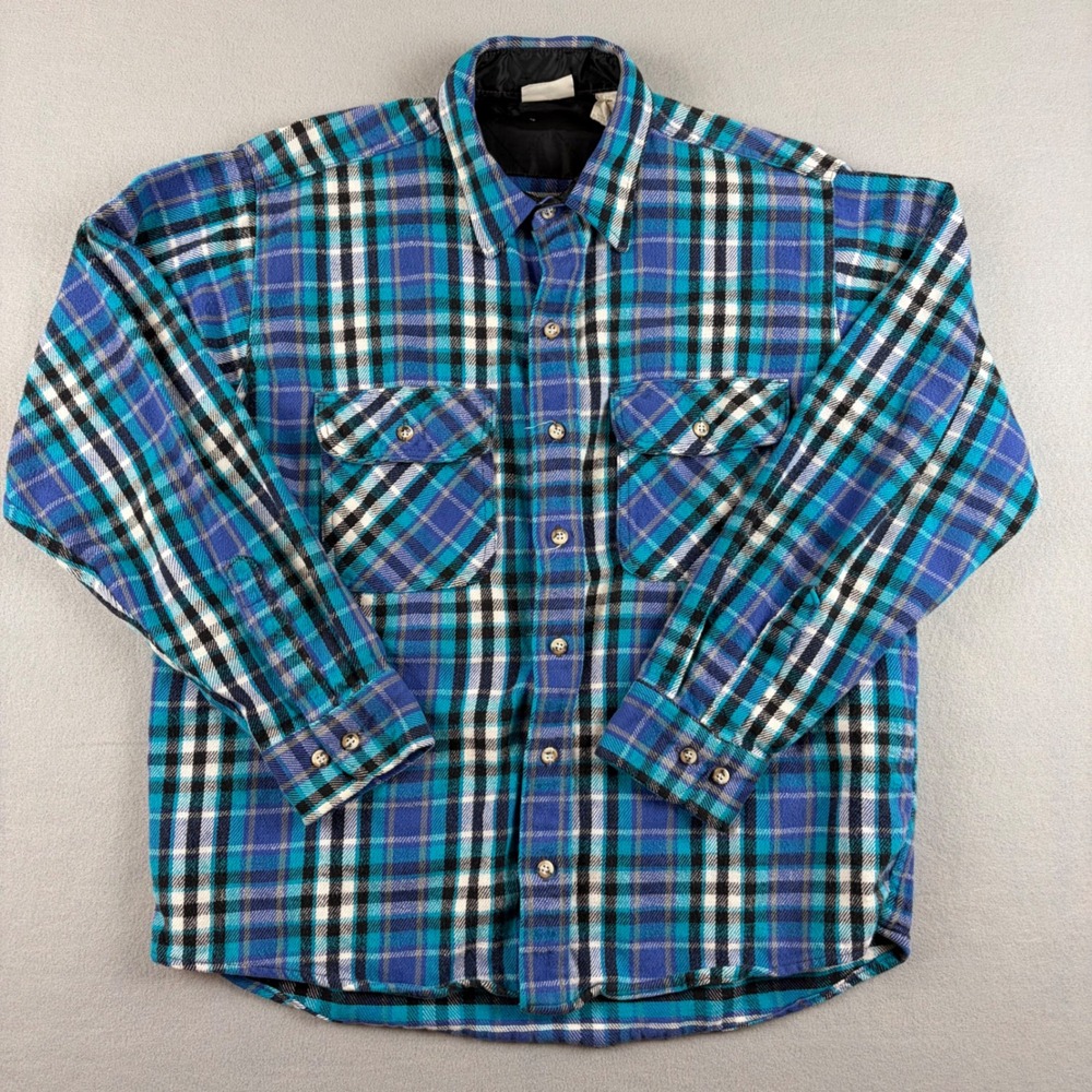 VTG Field & Stream Mens Large Blue Plaid Quilt Lined Flannel Shirt Made in USA